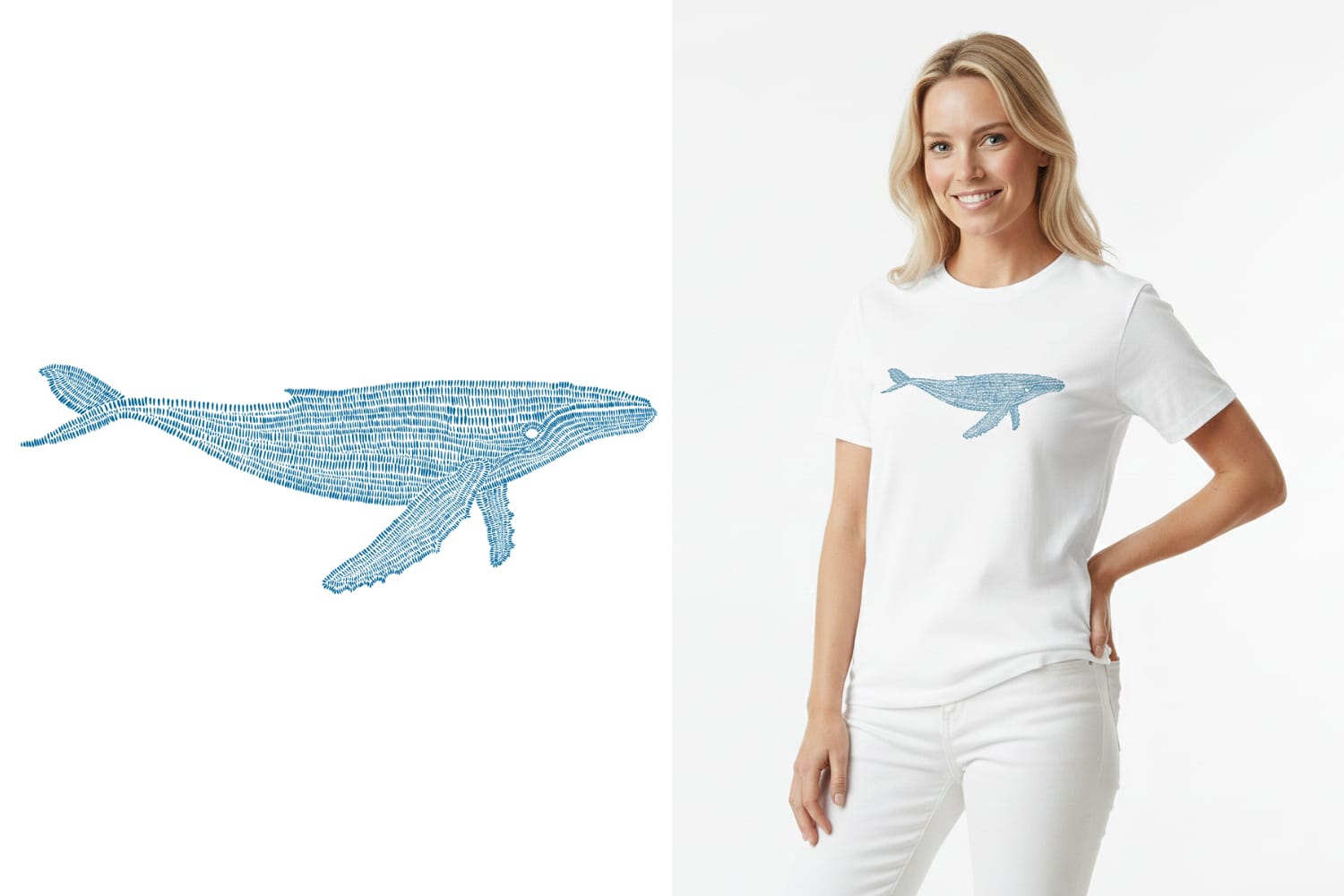 Model wearing tshirt with whale