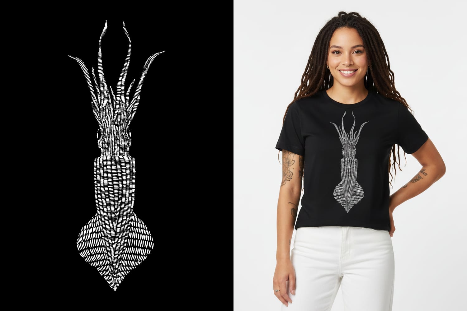 Model wearing tshirt with squid